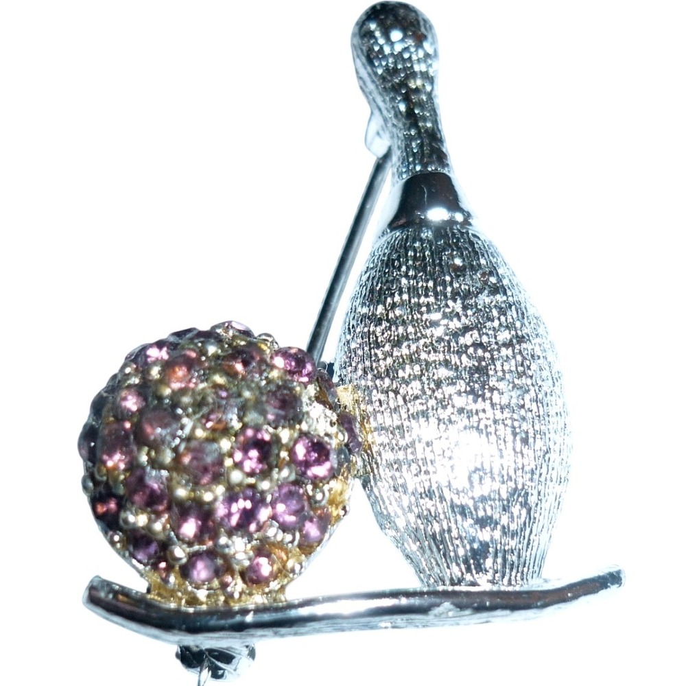 Vintage  DODDS Bowling‎ Brooch Silver Tone Amethyst Rhinestone Pin Mid Century